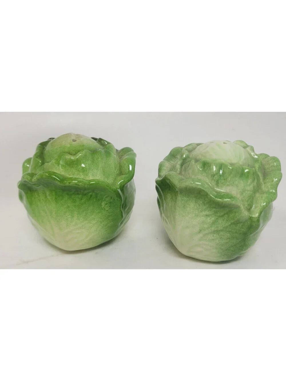 Vintage Ceramic Cabbage Lettuce Head Salt Pepper Shakers Majolica Style